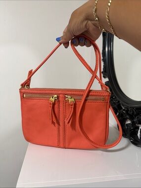 Fossil Coral Orange Leather Crossbody Bag with Gold Hardware